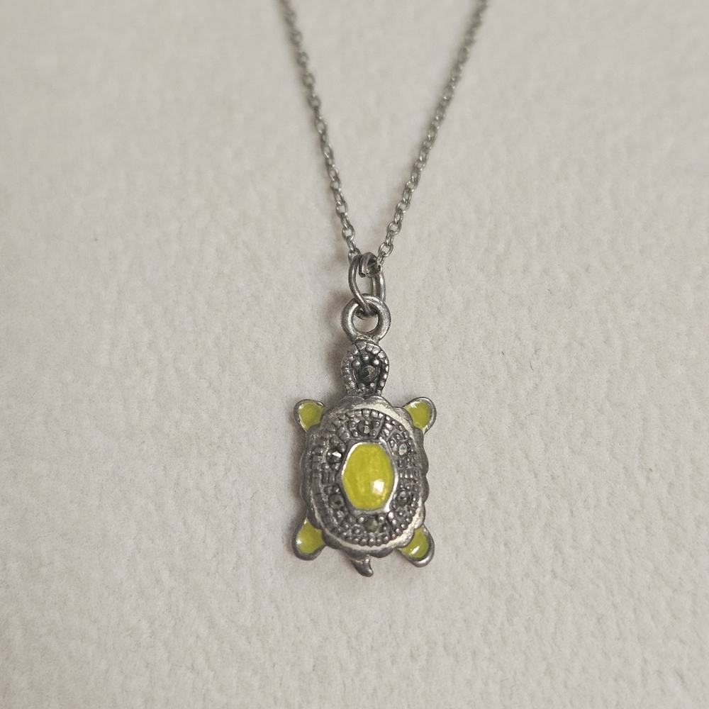 Turtle Enamel Green Pendant Marcasite Necklace Solid Sterling Silver 19"